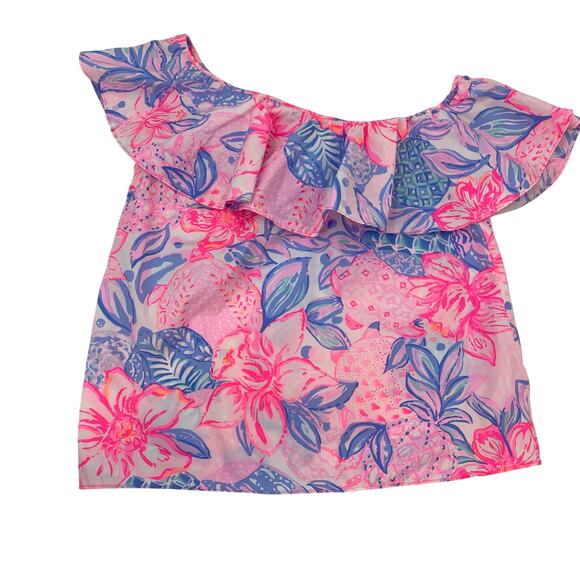 Lilly Pulitzer XXS Zeldie One Shoulder Ruffle Top Pink Isle Snappy Turtle - Picture 3 of 7